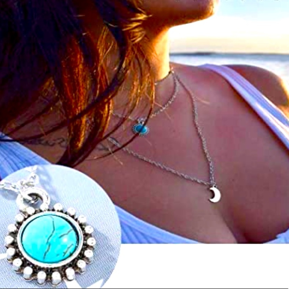 🎁 BOHO SILVER LAYERED TURQUOISE MOON NECKLACE 🌙 - Picture 4 of 6